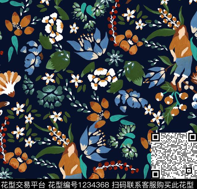 线条画花卉数码印花华亿平台下载（图片编号: 1234368） - 瓦栏（Walan）