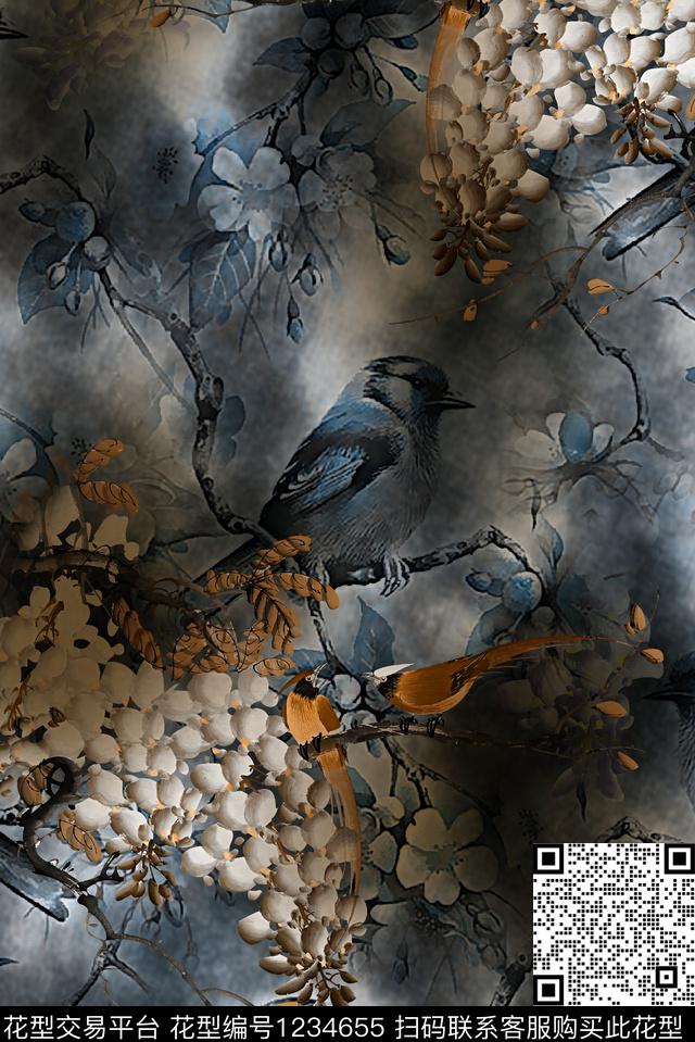 香云纱花鸟中国风数码印花华亿平台下载（图片编号: 1234655） - 瓦栏（Walan）