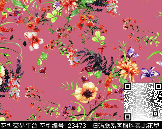 风格化花卉手绘花纹花纹数码印花华亿平台下载（图片编号: 1234731） - 瓦栏（Walan）