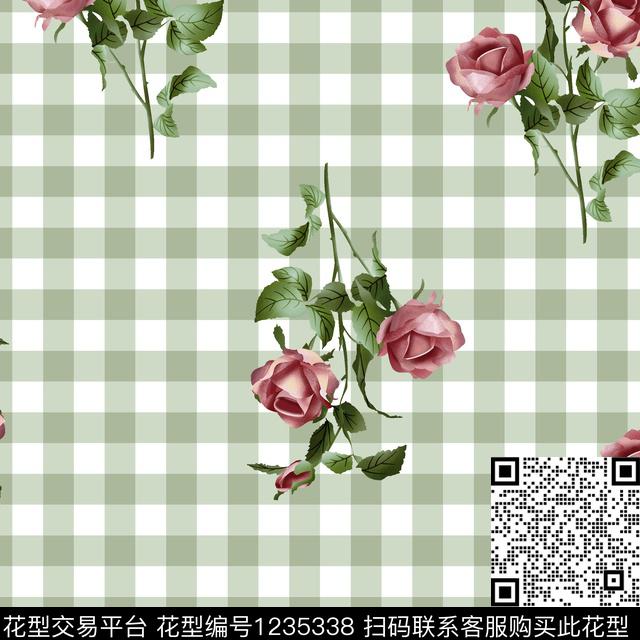 时尚清爽底花卉格子数码印花华亿平台下载（图片编号: 1235338） - 瓦栏（Walan）