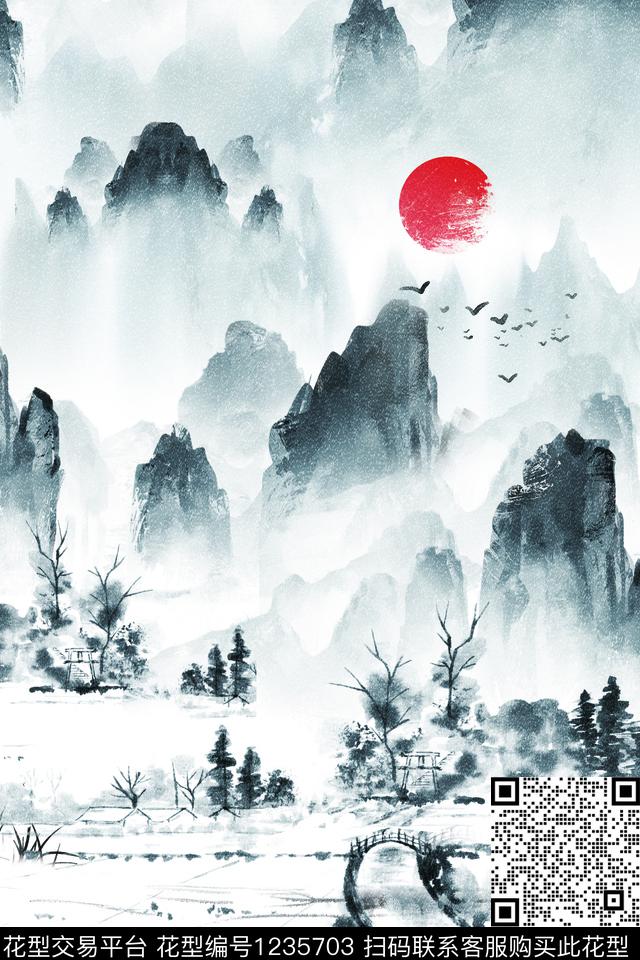 水墨风风景景观国画数码印花华亿平台下载（图片编号: 1235703） - 瓦栏（Walan）