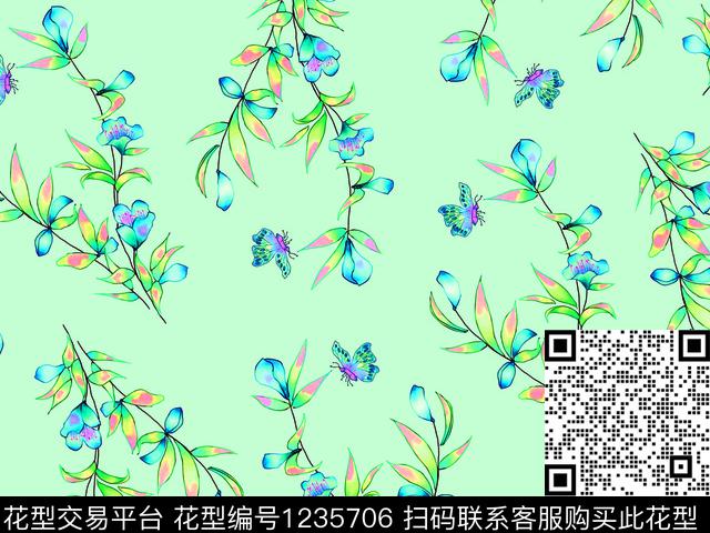 清爽底花卉优美漂亮数码印花华亿平台下载（图片编号: 1235706） - 瓦栏（Walan）