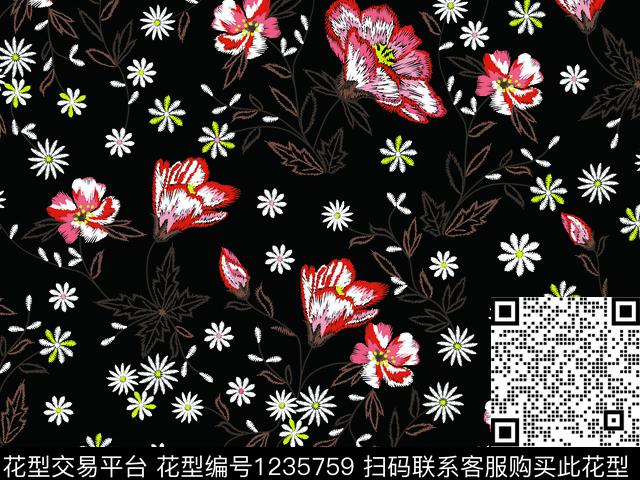 刺绣花卉雅致精致花卉数码印花华亿平台下载（图片编号: 1235759） - 瓦栏（Walan）
