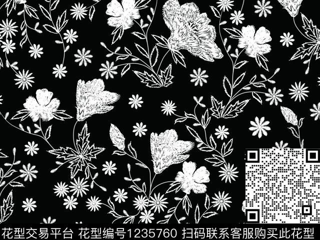 刺绣花卉雅致精致花卉数码印花华亿平台下载（图片编号: 1235760） - 瓦栏（Walan）