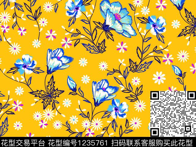 刺绣花卉雅致精致花卉传统印花华亿平台下载（图片编号: 1235761） - 瓦栏（Walan）