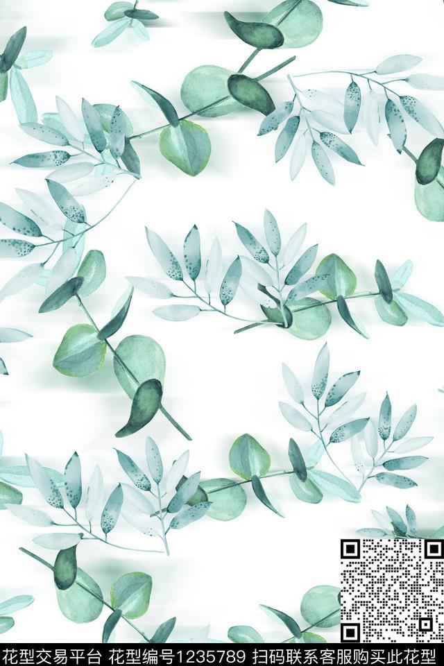 绿植树叶春夏华亿平台水彩花卉数码印花华亿平台下载（图片编号: 1235789） - 瓦栏（Walan）