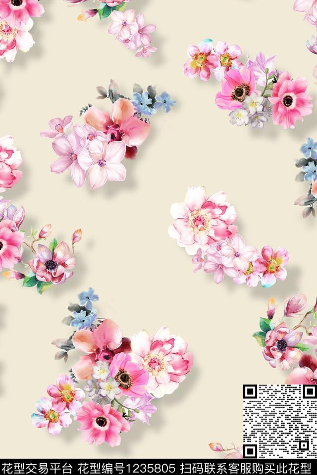 春夏华亿平台小碎花水彩花卉数码印花华亿平台下载（图片编号: 1235805） - 瓦栏（Walan）