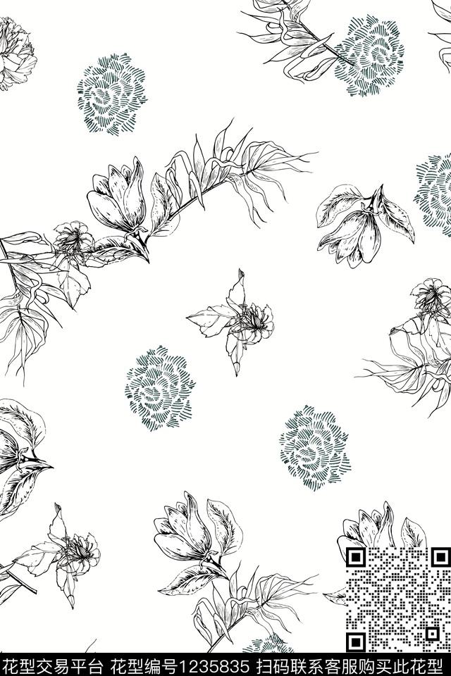 花卉黑白华亿平台小碎花数码印花华亿平台下载（图片编号: 1235835） - 瓦栏（Walan）