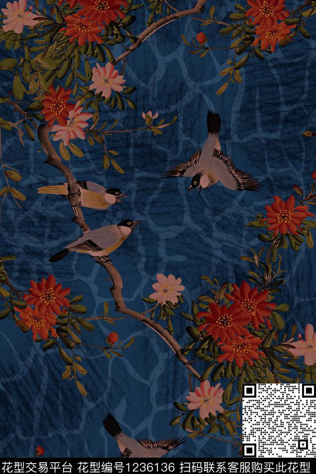 花鸟香云纱中国风数码印花华亿平台下载（图片编号: 1236136） - 瓦栏（Walan）