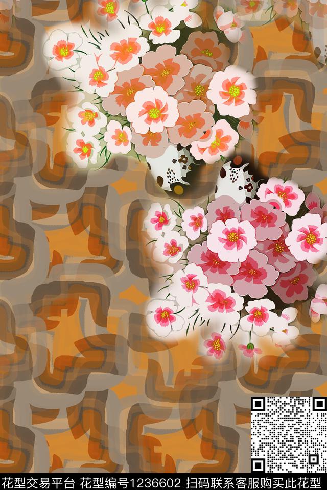 彩底花卉手绘花卉手绘线条笔触数码印花华亿平台下载（图片编号: 1236602） - 瓦栏（Walan）