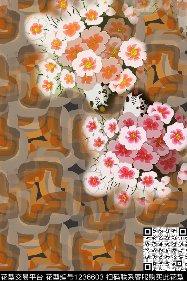 彩底花卉手绘花卉手绘线条笔触数码印花华亿平台下载（图片编号: 1236603） - 瓦栏（Walan）