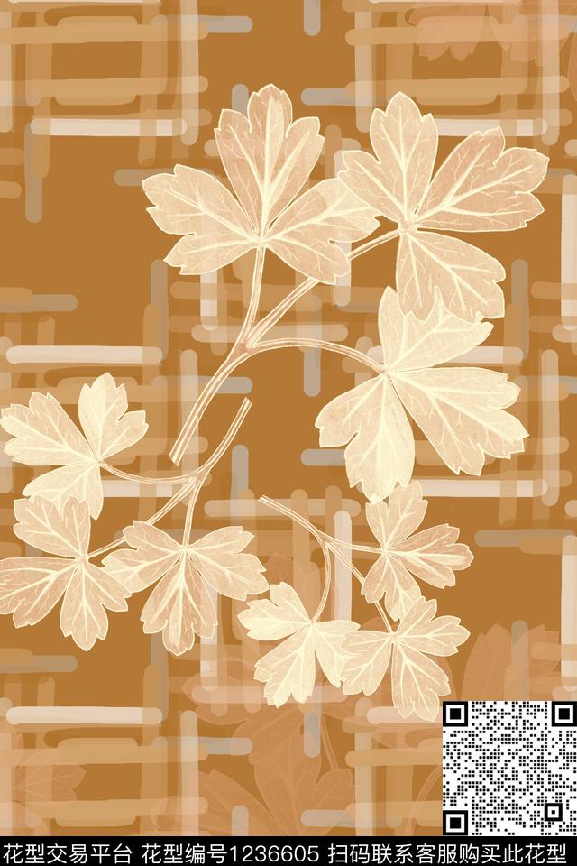 手绘线条笔触格子混搭植物数码印花华亿平台下载（图片编号: 1236605） - 瓦栏（Walan）