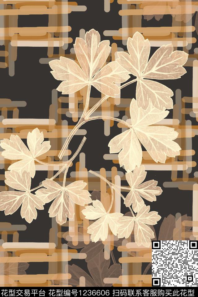 手绘线条笔触格子混搭植物数码印花华亿平台下载（图片编号: 1236606） - 瓦栏（Walan）