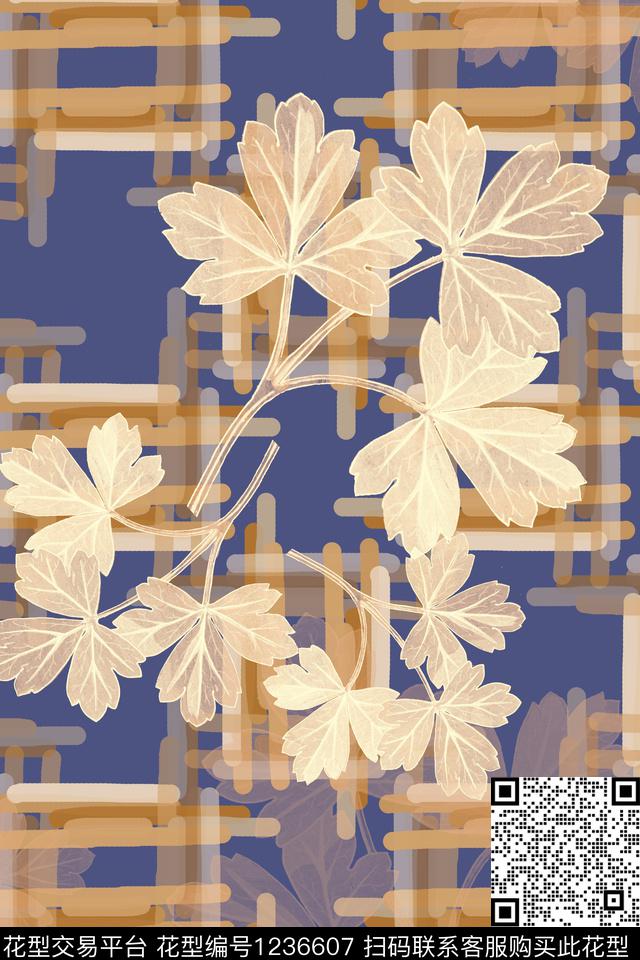 手绘线条笔触格子混搭植物数码印花华亿平台下载（图片编号: 1236607） - 瓦栏（Walan）