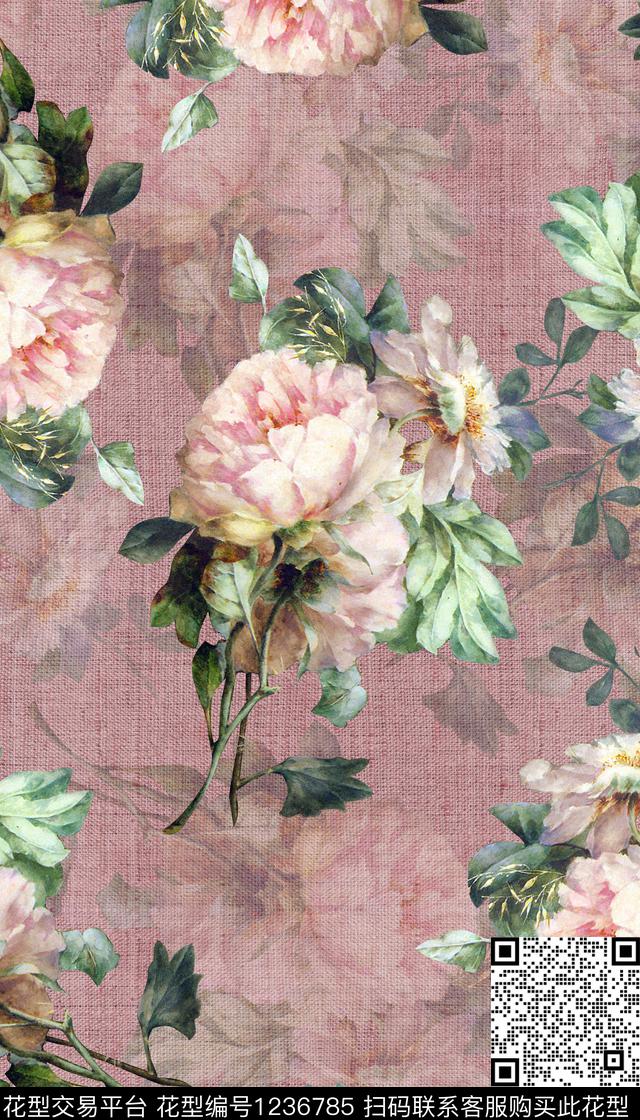 沙发布花卉牡丹数码印花华亿平台下载（图片编号: 1236785） - 瓦栏（Walan）