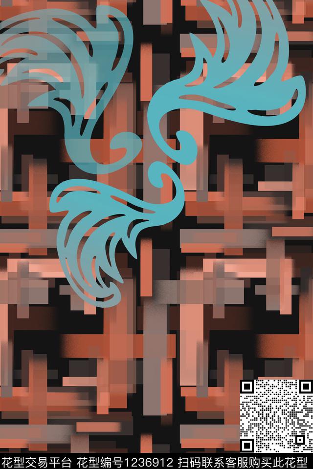 格子混搭定位花手绘线条笔触数码印花华亿平台下载（图片编号: 1236912） - 瓦栏（Walan）