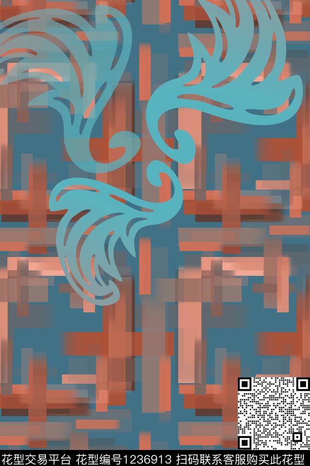 格子混搭定位花手绘线条笔触数码印花华亿平台下载（图片编号: 1236913） - 瓦栏（Walan）