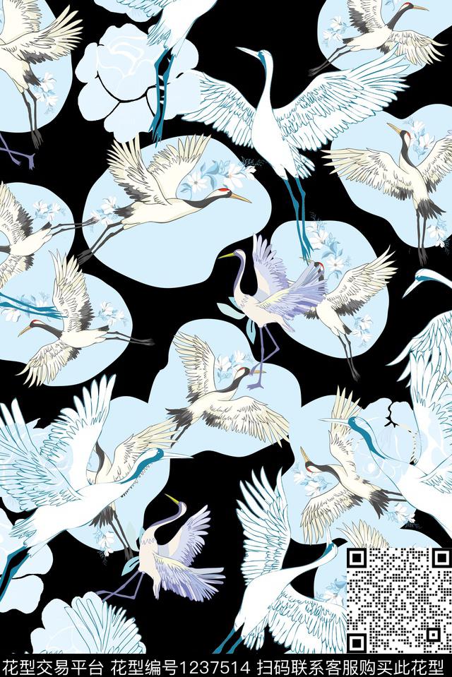 花卉中国风仙鹤数码印花华亿平台下载（图片编号: 1237514） - 瓦栏（Walan）