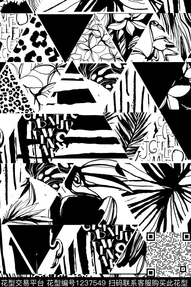 几何热带鸟类墨水风传统印花华亿平台下载（图片编号: 1237549） - 瓦栏（Walan）