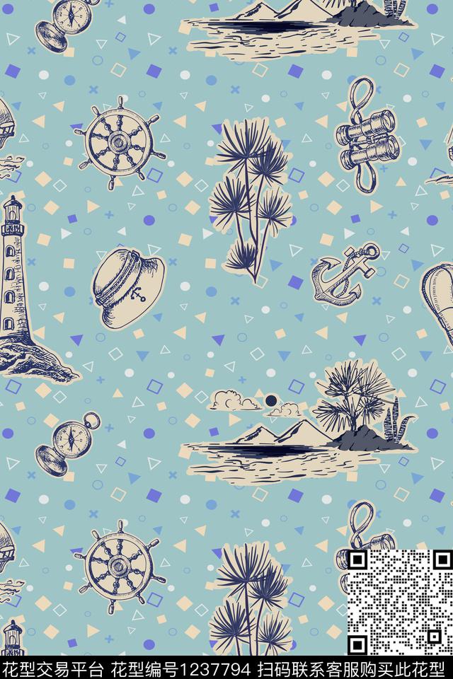 航海船锚靛蓝传统印花华亿平台下载（图片编号: 1237794） - 瓦栏（Walan）