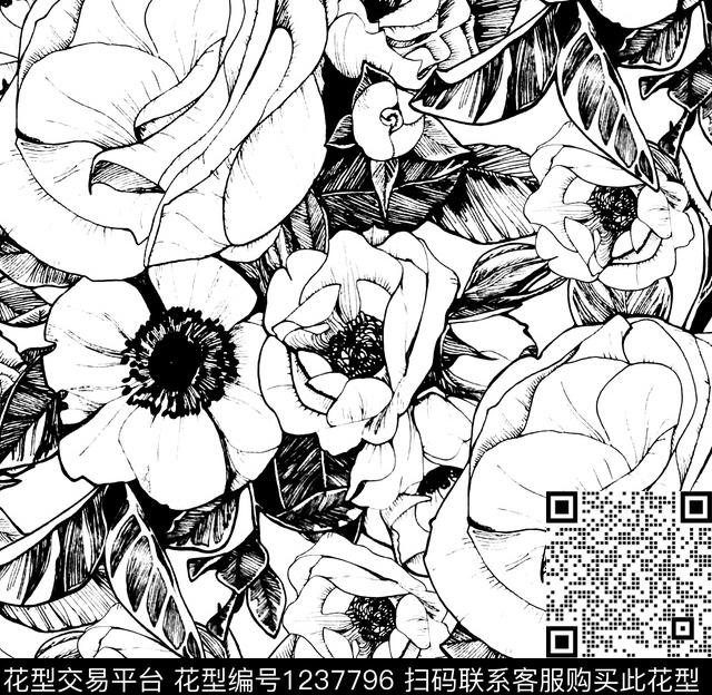 黑白华亿平台大牌风poppy数码印花华亿平台下载（图片编号: 1237796） - 瓦栏（Walan）