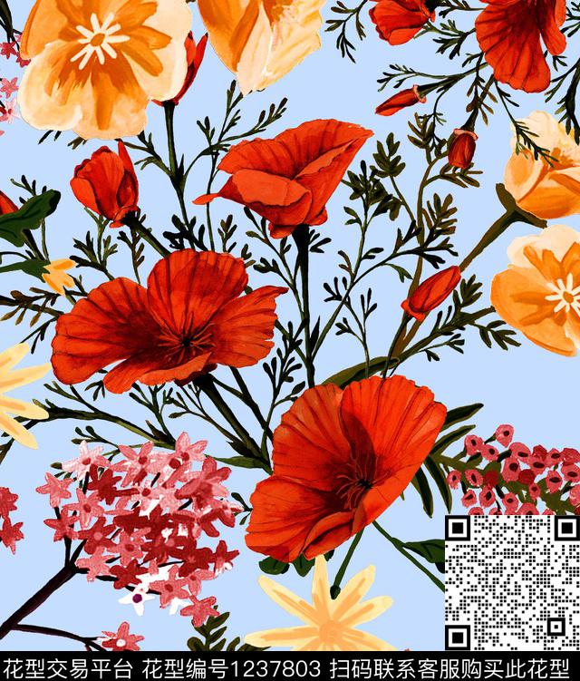 小碎花牵牛花松枝数码印花华亿平台下载（图片编号: 1237803） - 瓦栏（Walan）