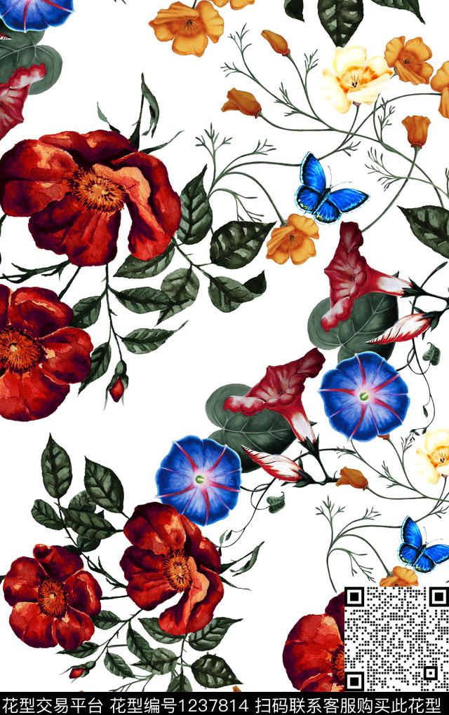 小碎花牵牛花松枝数码印花华亿平台下载（图片编号: 1237814） - 瓦栏（Walan）