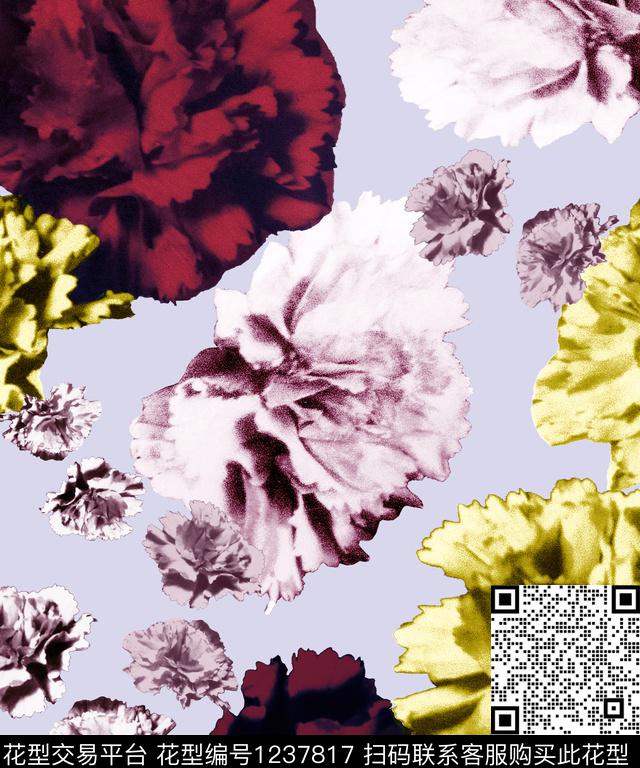 康乃馨手绘大花大牌风数码印花华亿平台下载（图片编号: 1237817） - 瓦栏（Walan）