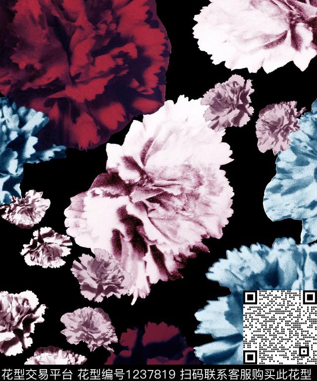 康乃馨手绘大花大牌风数码印花华亿平台下载（图片编号: 1237819） - 瓦栏（Walan）