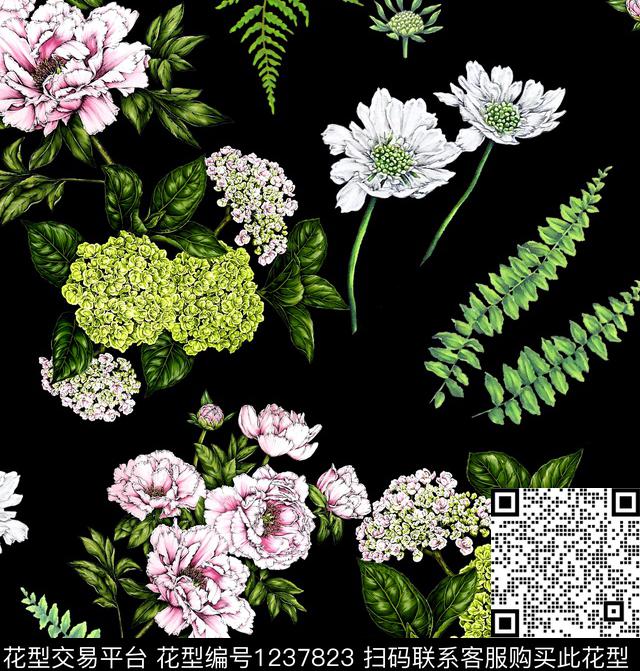 小碎花牵牛花松枝数码印花华亿平台下载（图片编号: 1237823） - 瓦栏（Walan）