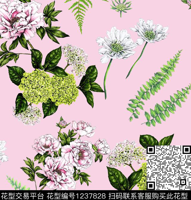 小碎花牵牛花松枝数码印花华亿平台下载（图片编号: 1237828） - 瓦栏（Walan）