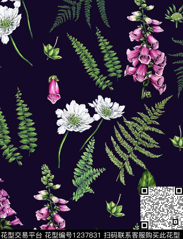 小碎花牵牛花松枝数码印花华亿平台下载（图片编号: 1237831） - 瓦栏（Walan）