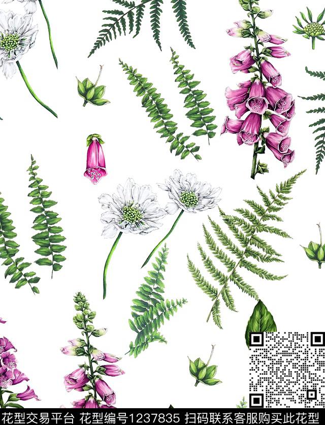 小碎花牵牛花松枝数码印花华亿平台下载（图片编号: 1237835） - 瓦栏（Walan）