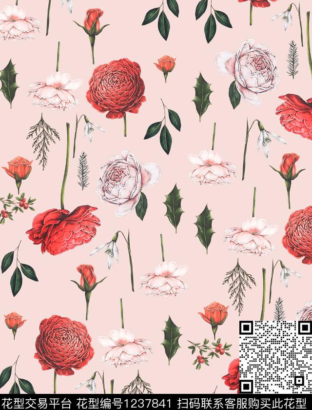 小碎花牵牛花松枝数码印花华亿平台下载（图片编号: 1237841） - 瓦栏（Walan）