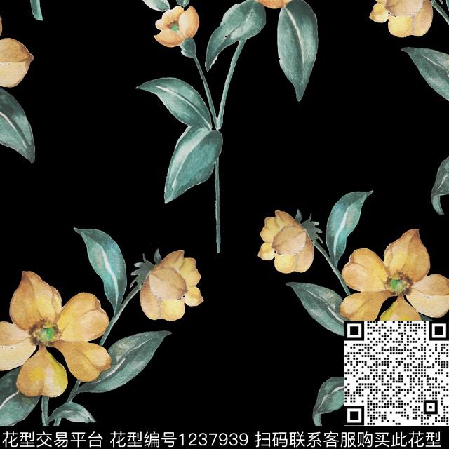 黑底花卉绿植树叶复古数码印花华亿平台下载（图片编号: 1237939） - 瓦栏（Walan）