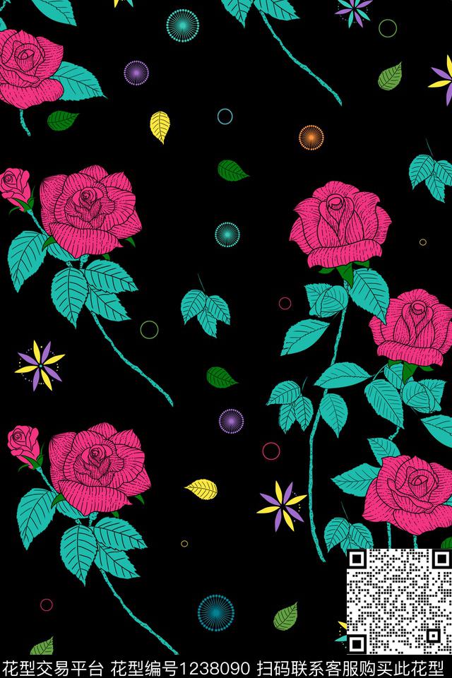 复古几何植物数码印花华亿平台下载（图片编号: 1238090） - 瓦栏（Walan）