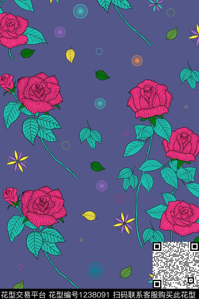 复古植物玫瑰花传统印花华亿平台下载（图片编号: 1238091） - 瓦栏（Walan）