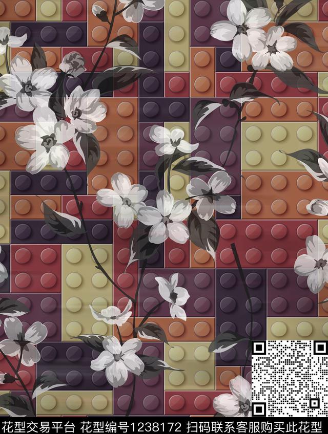 素雅趣味积木植物花草数码印花华亿平台下载（图片编号: 1238172） - 瓦栏（Walan）