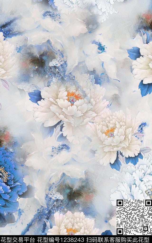 旗袍抽象花卉抽象数码印花华亿平台下载（图片编号: 1238243） - 瓦栏（Walan）