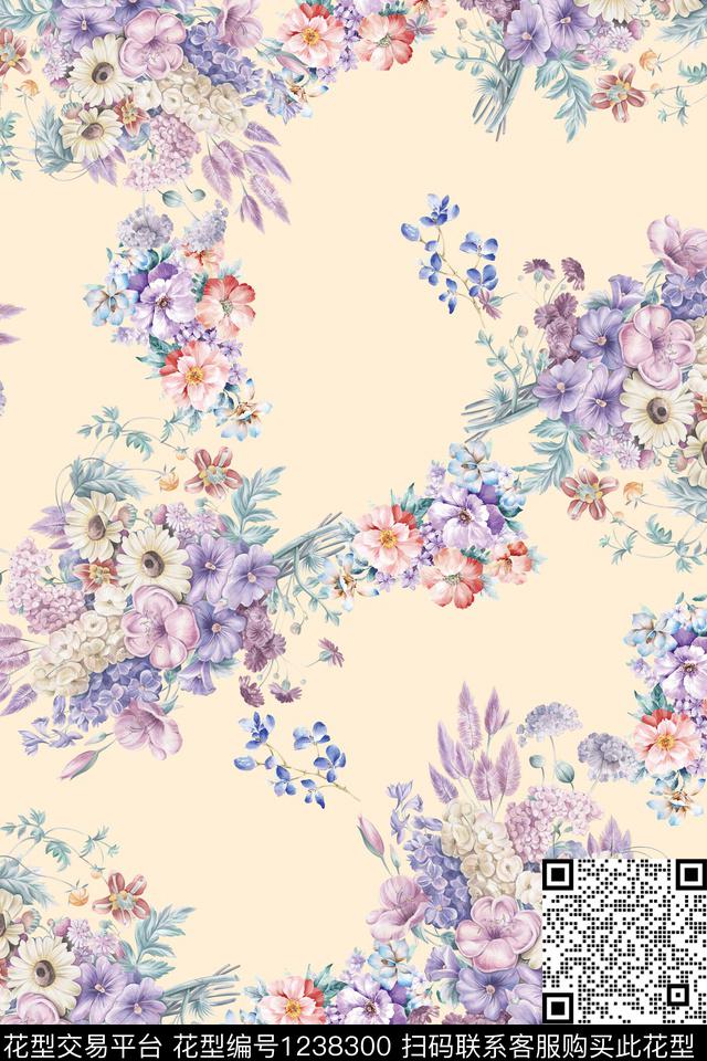 波西米亚水彩花卉大牌风数码印花华亿平台下载（图片编号: 1238300） - 瓦栏（Walan）