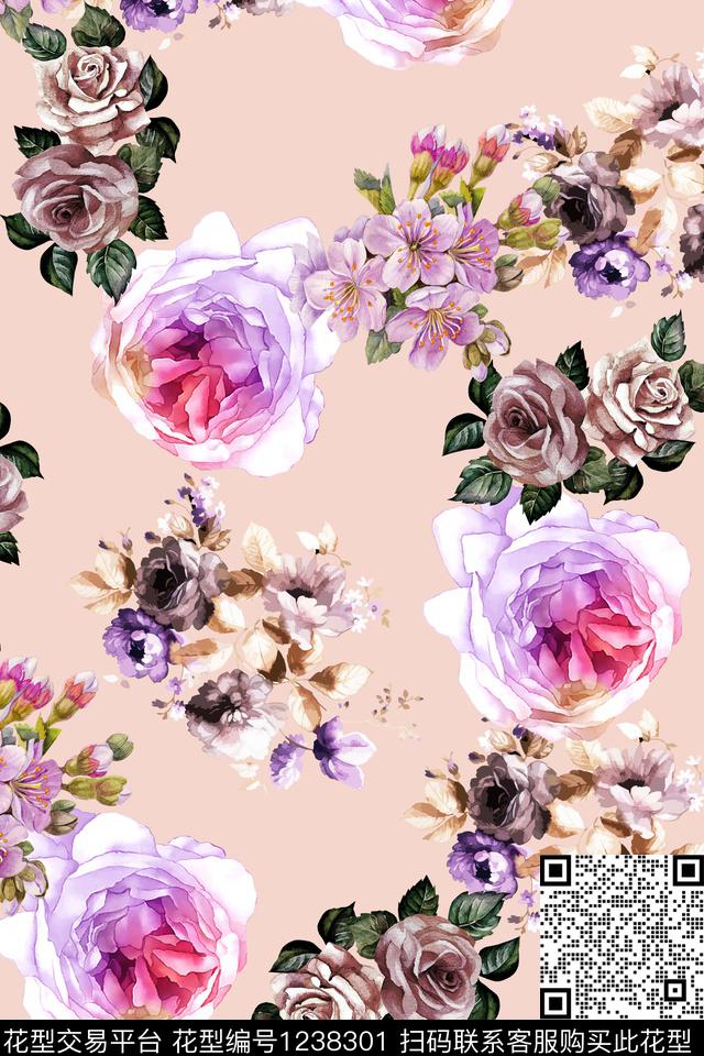 波西米亚水彩花卉大牌风数码印花华亿平台下载（图片编号: 1238301） - 瓦栏（Walan）