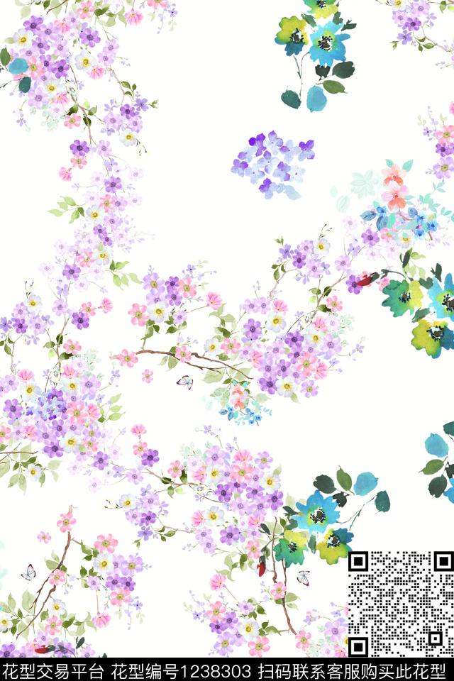 波西米亚水彩花卉大牌风数码印花华亿平台下载（图片编号: 1238303） - 瓦栏（Walan）