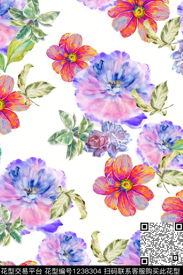 波西米亚水彩花卉大牌风数码印花华亿平台下载（图片编号: 1238304） - 瓦栏（Walan）