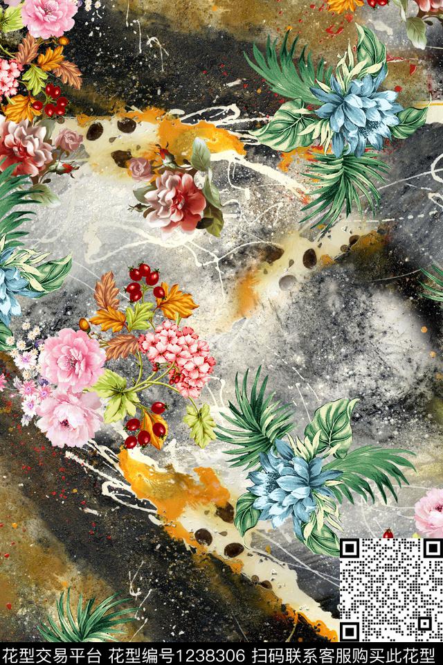 波西米亚水彩花卉大牌风数码印花华亿平台下载（图片编号: 1238306） - 瓦栏（Walan）