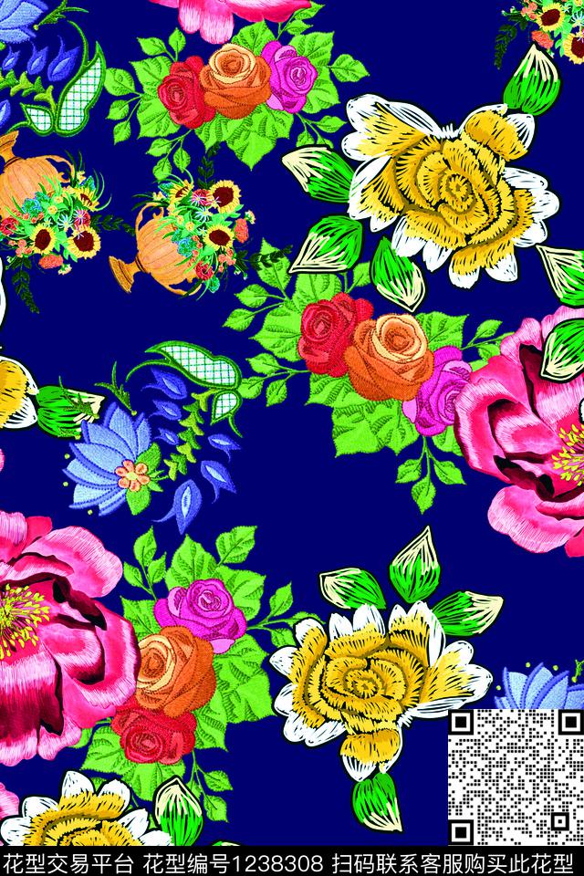 波西米亚水彩花卉大牌风数码印花华亿平台下载（图片编号: 1238308） - 瓦栏（Walan）