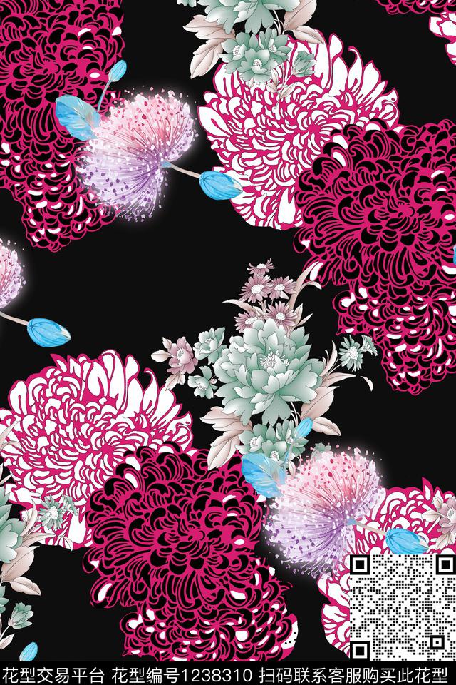 波西米亚水彩花卉大牌风数码印花华亿平台下载（图片编号: 1238310） - 瓦栏（Walan）