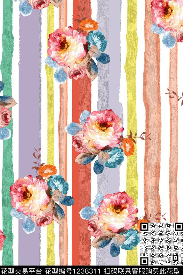 波西米亚水彩花卉大牌风数码印花华亿平台下载（图片编号: 1238311） - 瓦栏（Walan）