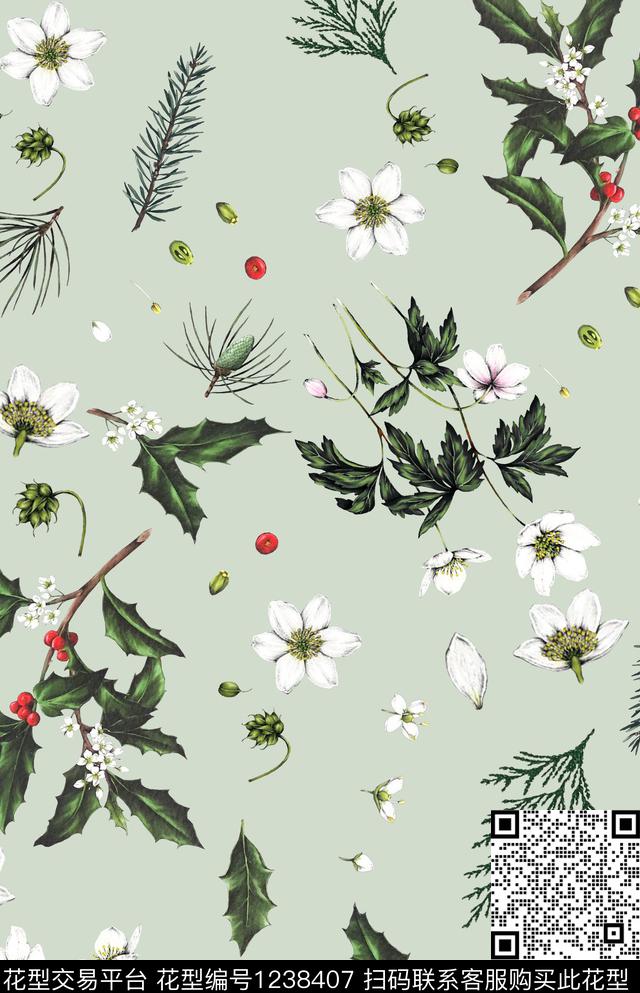 小碎花松子松枝数码印花华亿平台下载（图片编号: 1238407） - 瓦栏（Walan）