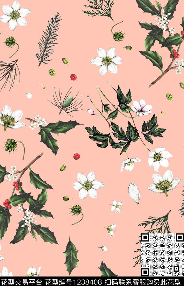 小碎花松子松枝数码印花华亿平台下载（图片编号: 1238408） - 瓦栏（Walan）