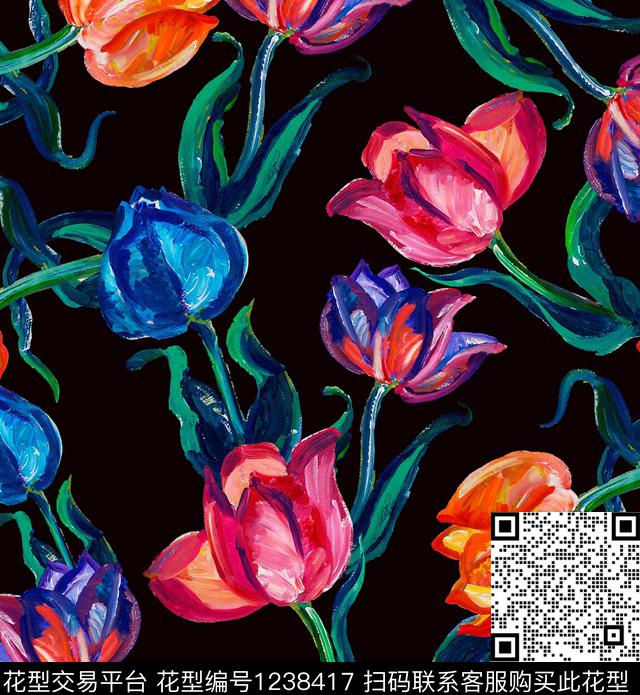 大牌风郁金香洋牡丹数码印花华亿平台下载（图片编号: 1238417） - 瓦栏（Walan）